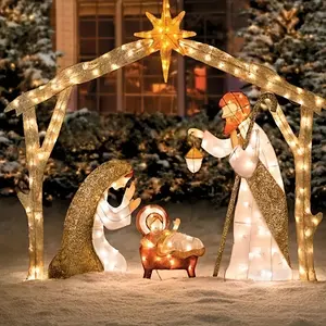 Self-Lit Virgin Mary and Nativity Scene - -Free Compatible ( Not Included) / Metal manger with Glowing Effect, Stable Setting for Christmas & Holiday Decorations, Durable Religious Figurine