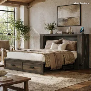 Rustic Gray Distressed Finish Queen ARCH Farmhouse Murphy Cabinet Bed - Compact Design, Durable Construction, Charging Port, Foldable Platform, Large Storage Drawer, Spacious Storage Solutions for Apartment, Small Bedroom (Old SKU: N733S237837G)