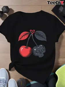 Women's Plus Size Cherry Skull Graphic T-Shirt, Sports Short Sleeve Casual Summer Tee