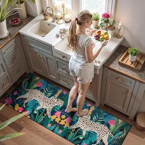 Vintage Jungle Leopard Carpet, Modern Luxury Tropical Plant Floral Rug, Pet Friendly Non-Slip Mat, Soft Comfortable Plush Foot Pad
