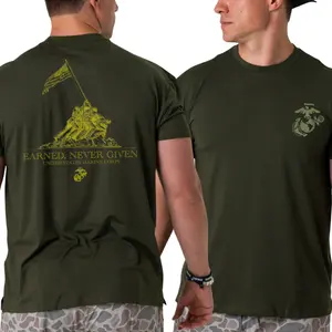 U.S. Marines Earned Never Given T-Shirt, Iwo Jima Flag Raising Graphic 2 Sides, Eagle Globe Anchor Military Tribute Tee for Men & Women