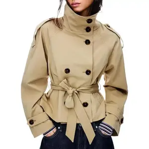 Women’s khaki cropped trench coat, double-breasted short jacket with high collar, fitted long sleeves, belted design for autumn/winter, trendy outfit