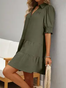 A women's solid color pleated V-neck spliced sleeve dress, suitable for summer, suitable for daily commuting, dating, home, afternoon tea, Casual