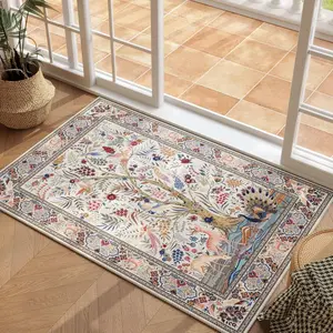 Vintage Area Rugs Vibrant Tree of Life-Patterned Washable Area Rug Non Slip Low Pile Large Rug for Bedroom Farmhouse Dining Room Kids Playroom, Beige