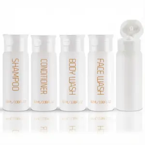 Travel Bottles for Toiletries 5 count 3.38 oz/100ml TSA Approved Leak Proof HDPE Plastic Containers with Pre-Printed Text (No Stickers Needed), Refillable Squeeze Bottle for Shampoo & Lotion