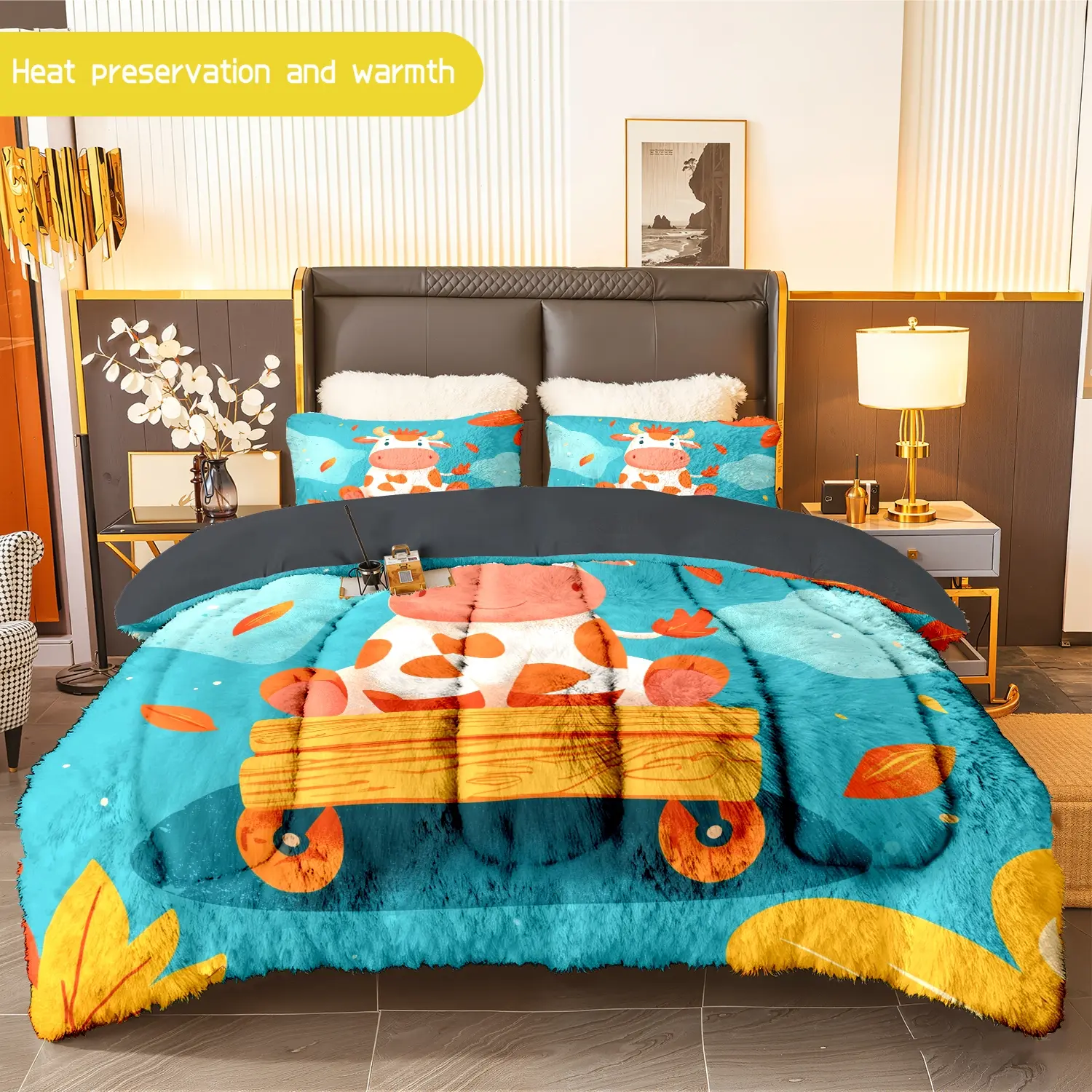 3pcs (1 comforter + 2 pillowcases) Cow - themed Flannel and Milk Velvet Comforter Set, Ultra - Soft and Cozy Bedding Set for Adults, Warm and Trendy Milk Velvet Bedding Essentials