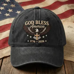 Embroidered God Bless USA Hat, 250th Anniversary 1776-2026 Washed Dad Cap, Patriotic Cross Eagle Cap, America 250 Gift