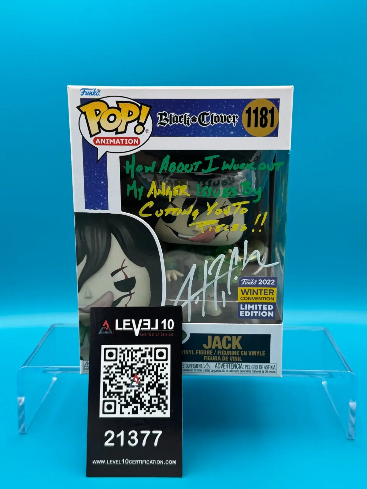 Justin Cook Signed Jack Black Clover Funko pop 1181 level 10 COA shared sticker