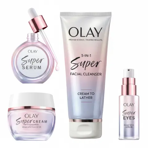 OLAY Full Super Routine 5-in-1 Multi-Pack Skincare Kit - Unisex Daily Use Facial Cleanser, Firming/Lifting Serum, Anti-Aging Serums & Essences, Eyes Care Cream, Sun Protection for Normal Skin, Smoother Brighter Skin, Award-Winning