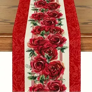 1pc Elegant Red Rose Table Runner 100% Polyester Rectangular Tablecloth for Christmas Valentine'S Day Easter New Year & Festive Occasions Home Kitchen Indoor Party Banquet Decor Garden Gatherings