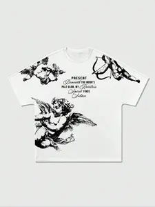 Opium Aesthetic Angel Graphic Print Oversized T-Shirt, Cybergoth Angel Print Streetwear Casual Short Sleeve, Vintage Dark Culture Unisex Top, Fashion, Menswear
