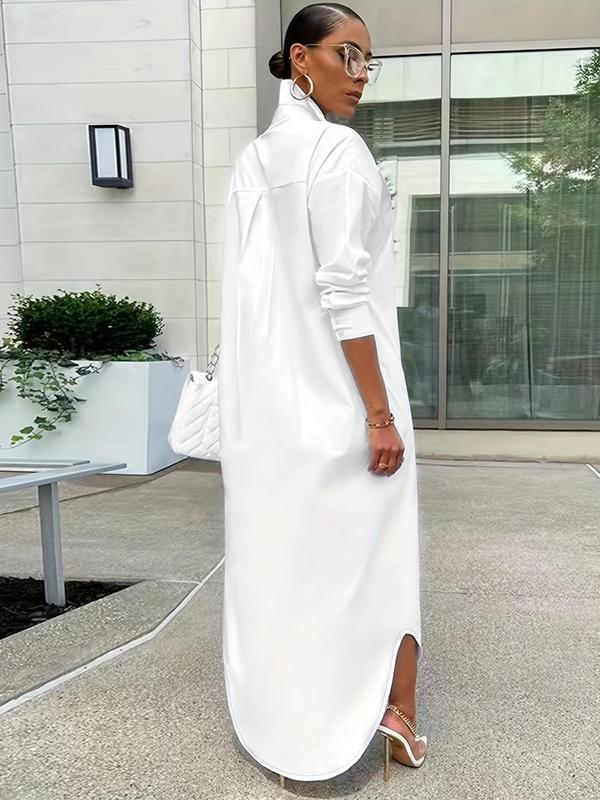 Women's Solid Button Design Longline Shirt, Casual Chic Minimalist Long Sleeve Outerwear for Daily Wear, Ladies Clothes for All Seasons, Longsleeves Top, Casual Classy Elegant