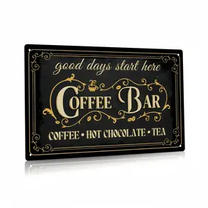 Vintage Coffee Bar Metal Tin Sign 8*12 Inches, Black with Golden Floral Design, Perfect for Cafe, Bar, Living Room, or Kitchen Wall Decor Coffee Bar Accessories