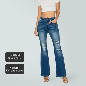 PREJEAN Mid-Waist Flare Jeans for Women Distressed Stretch Denim 32" Long All Seasons Comfortable Fit Casual Pants