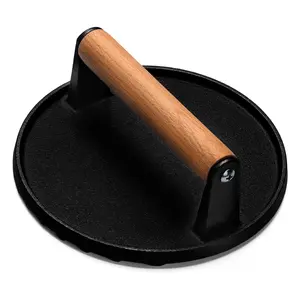 Burger Press, 7" Round Heavy-Duty Cast Iron Smash Bacon Press Meat Steak with Wood Handle for Griddle, Sandwich, Nonstick Pan