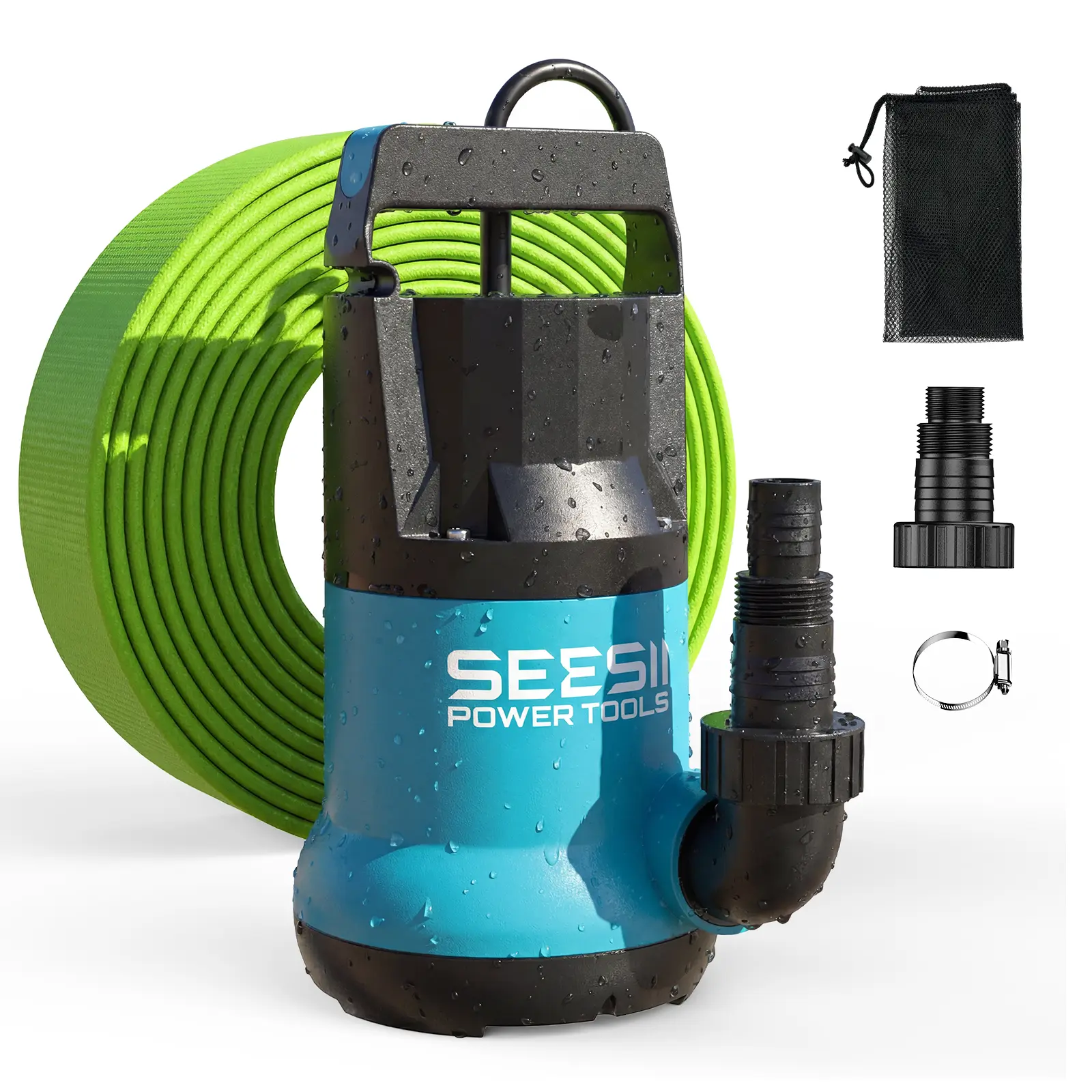 【SEESII】 1HP Submersible Water Pump, 4755GPH High Flow Sump Pump with 23ft Hose Kit, Anti-Clogging Filter Net for Swimming Pool Hot Tub Pond Basement Rooftop Garden Water Removal