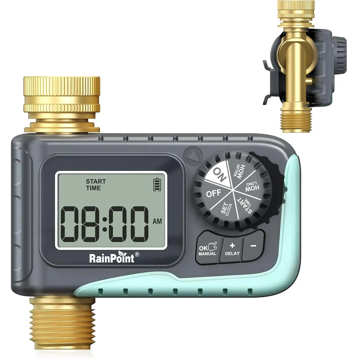 RAINPOINT Smart WiFi Digital Water Timer - 100% Metal Pipe Sprinkler Controller, Nozzle Hose & Garden Hose Compatible, Programmable, Manual Delay, Manufacturer Warranty, Outdoor Garden Accessory (1PCS, Watering Kits Compatible)