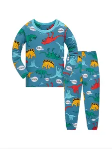 Boys' Long Sleeve Pants Set, Blue Dinosaur Print Sleepwear, Comfortable Casual Home Wear, Spring & Fall for Kids Aged 1-8 Years, Pajama Sets