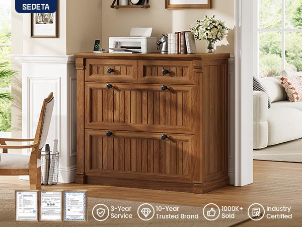 SEDETA 4 Drawers File Cabinet, 33" Farmhouse Filing Cabinets for Home Office fit Legal/Letter/A4 File, Wood Office File Cabinet with Power Outlets, Printer Stand with Storage