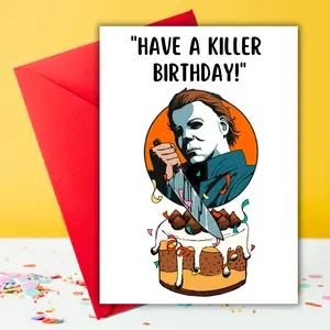 Halloween Birthday Card for Girlfriend, for Boyfriend, Creepy Michael Birthday Card, Halloween Horror Card, Scary Movies, Slasher Birthday Cards, Funny Scary Birthday Card, Spooky Card, Halloween Birthday Card for Adults, Mom, October Birthday Card
