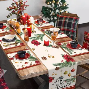 1 piece/4 piece/5 piece set/7 piece set, Christmas table flag and placemat set, Christmas ball, red flowers, pine branches, stars, bells, daily dining decoration, holiday indoor and outdoor dining table decoration, party kitchen and restaurant decoration
