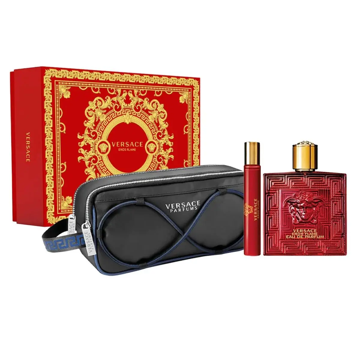 Eros Flame by Versace 3Pcs Gift Set ( 3.4 oz EDP + .33oz (Travel Spray) + Bag ) for MEN