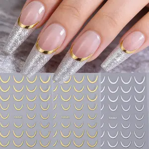 3 pcs Golden & Silvery French Smile Line French Tip Nail Stickers, Metal Mirror Reflective French Curve 3D Nail Decals, DIY Nail Decoration