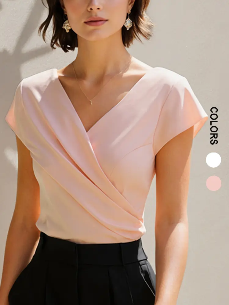 Women's Polyester Batwing Short Sleeve T-Shirt - Criss Cross V-Neck, Slimming Fit, Pleated Waist, Casual Plain Minimalist Summer Womenswear Top