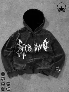 Trendy Gothic Stronge Pop Art Hoodie, Vintage Wash Cotton Zip-Up, Street Fashion Casual Wear, Creative Daily