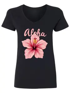 Women's Aloha Pink Hibiscus V-Neck T-Shirt, Vibrant Hawaiian Tropical Floral Graphic Tee, Casual Short Sleeve Beachwear for Women, Ideal Summer Vacation Souvenir and Gift for Hawaii Enthusiasts and Coastal Style Lovers