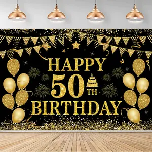 50th Birthday Decorations for Men, 50th Birthday Banner Party Decorations for Women, Black and Gold 50th Birthday Party, Outdoor Family Birthday Backdrop Decorations