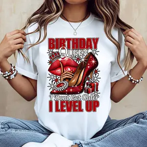 Birthday Queen Lip And Heel Print T Shirt Women Casual Short Sleeve Top Fashion Statement Graphic Tee