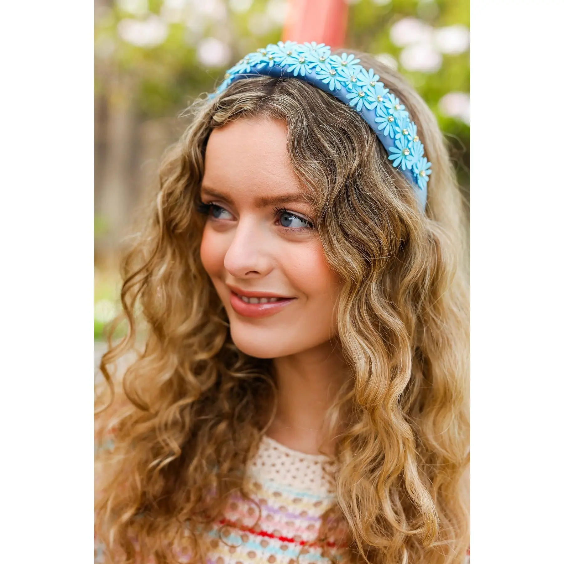 Blue Satin Daisy Rhinestone Headband