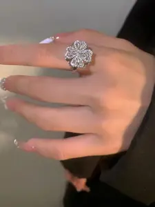 Adjustable Rotating Ring for Anxiety Relief, Diamond Open Design, Four-Leaf Clover Zirconia Inlay, Women's Jewelry