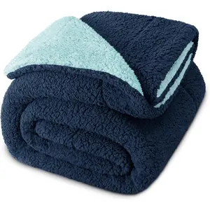 King Size Sherpa, Plush for, Thick Warm Fluffy Blankets for Winter, 90x104 Inches, Navy/Light Blue