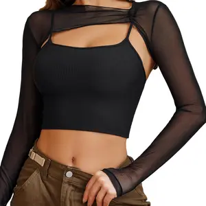 Avidlove Women Long Sleeve Mesh Crop Top Solid Cover Up with Spaghetti Strap Cami Top 2 Pieces Clubwear with Thumb Holes