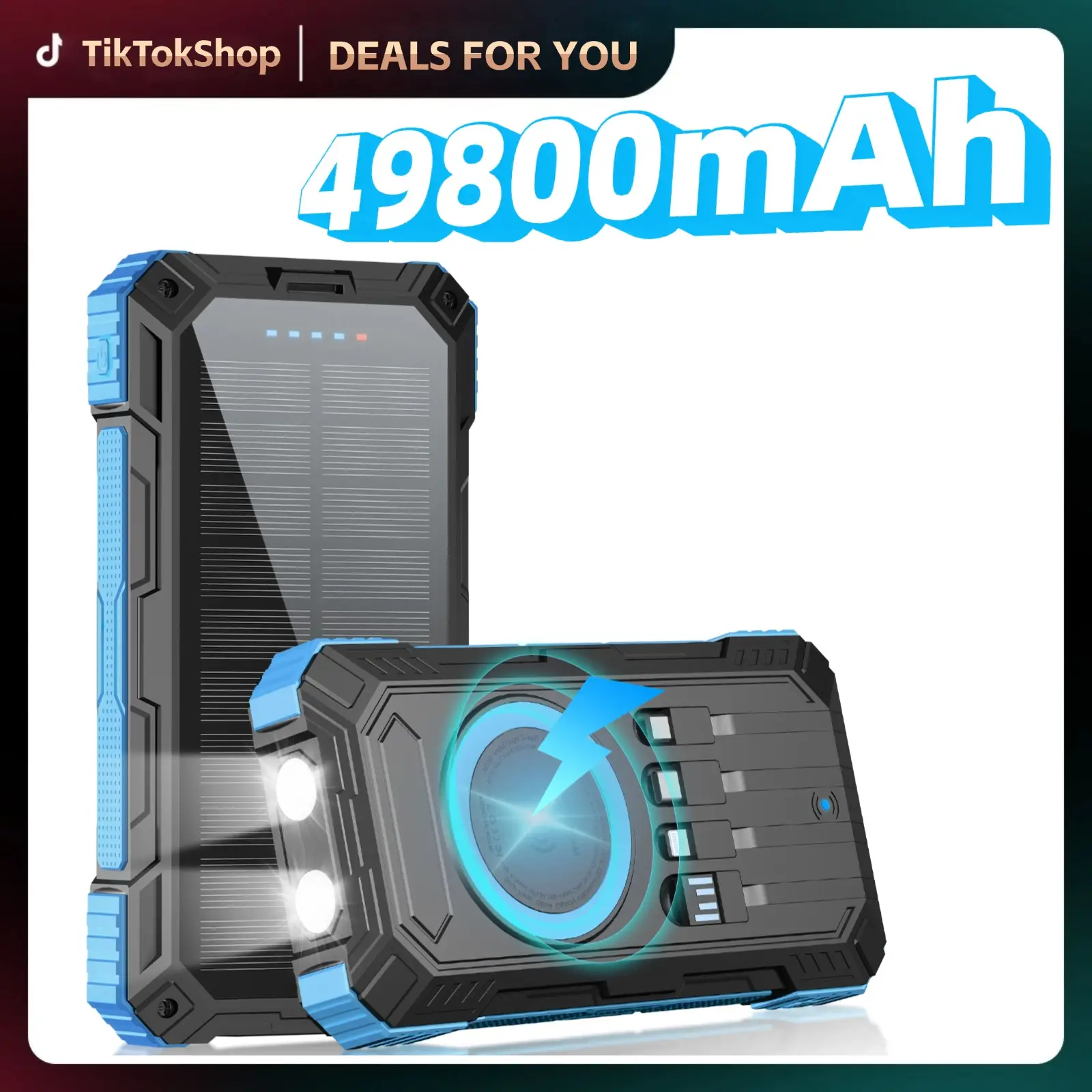 Solar Power Bank 49800mAh | 15W Wireless Charging | Built-in 4 Cables | 22.5W PD Fast Charging | Rugged Outdoor Power Bank for All Devices