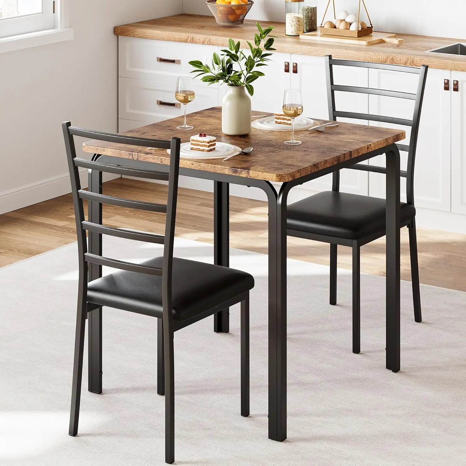 3-Piece Kitchen Dining Room Table Chair Set for Small Space, Indoor Modern Dinette Set for 2, Square Dinner Table Set for Dinette, Breakfast (Vintage)