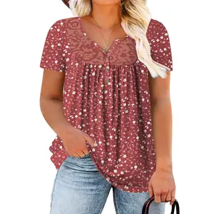 ROSRISS PLUS Women's Plus-Size Cute Henley Shirts, Short-Sleeve V-Neck Tunic Blouses with Lace Pleats & Buttons Up, Lightweight Fabric Leggings-Matching Style 1083 oversize tshirt