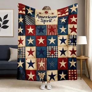 Patriotic Flannel Blanket, 1-Piece Red White Blue Star-Striped Polyester Blanket, Soft, All-Season Indoor-Outdoor Use, Ideal for Camping, Home Decoration, Modern Independence Style, Independence Day