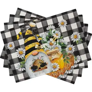 4/6 Piece Set Spring Bee Gnome Daisy Plaid Placemats, 100% Polyester Woven Rectangular Table Mats, 12x18 Inches, Suitable for Farmhouse Kitchen Decor, Seasonal Dining Room Decor