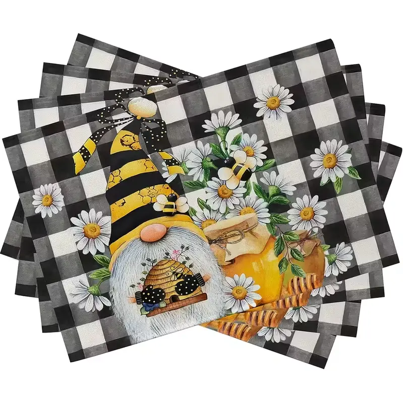 4/6 Piece Set Spring Bee Gnome Daisy Plaid Placemats, 100% Polyester Woven Rectangular Table Mats, 12x18 Inches, Suitable for Farmhouse Kitchen Decor, Seasonal Dining Room Decor