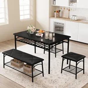 4-Piece Dining Table Set for 4 with Storage Shelves, Kitchen Table with 1 Upholstered Bench & 2 Square Stools, Space-Saving Dinette Set for Small Spaces or Apartments