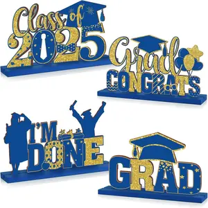 Class Of 2025 Graduation Themed Wooden Ornament, 4 Counts/set Creative Graduation Centerpieces, Congratulations Graduation Table Toppers for High School College Graduation Party Supplies, Masks