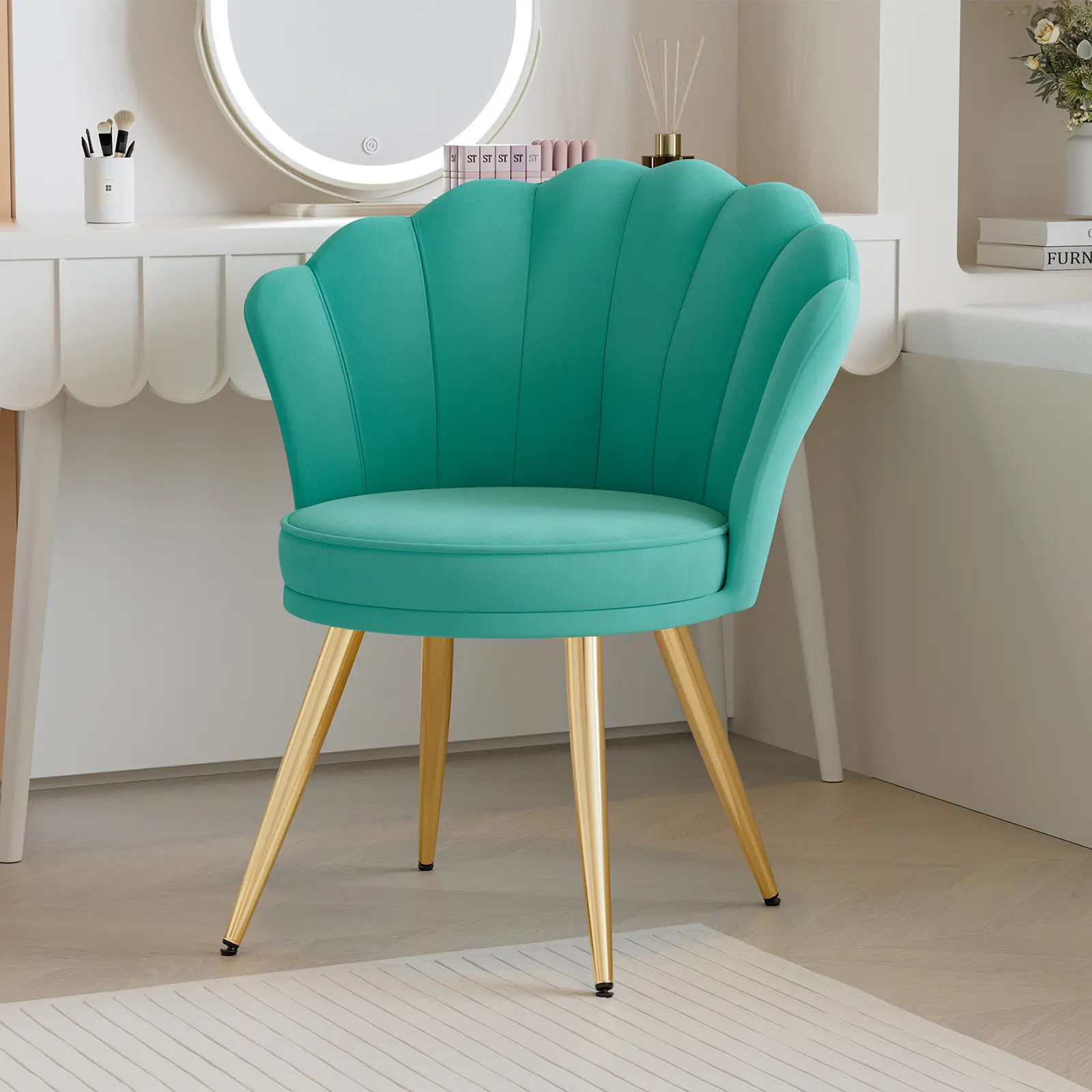 Velvet Accent Chair with Gold Metal Legs, Vanity Chair for Makeup Room, Upholstered Guest Chair for Living Room, for Bedroom, Black