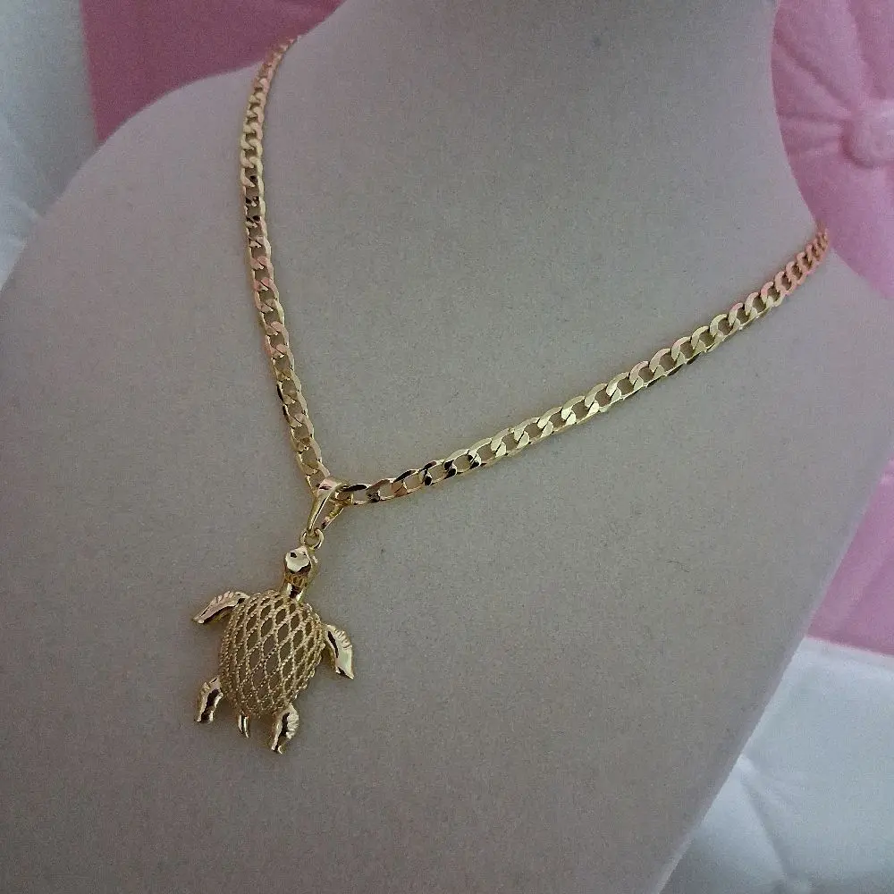 3  mm cuban link chain 16 with turtle  pendant -14 k gold laminated