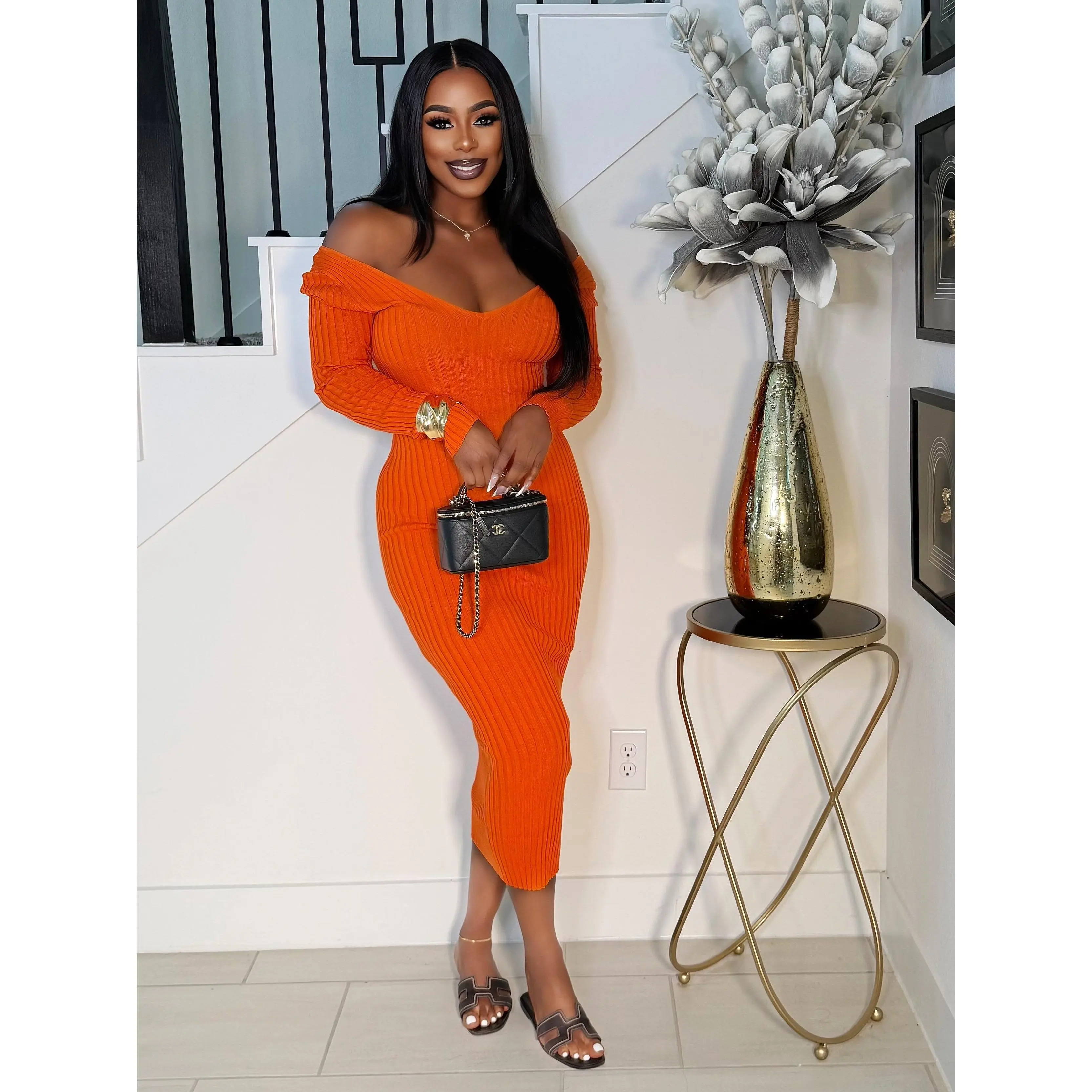 HUG ME LONG SLEEVES MAXI DRESS (RUST ORANGE)
