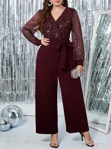 Gownix Plus Size V-Neck Sequin Mesh Jumpsuit – Cinched Waist, Long Sleeve Palazzo Party & Elegant Outfit
