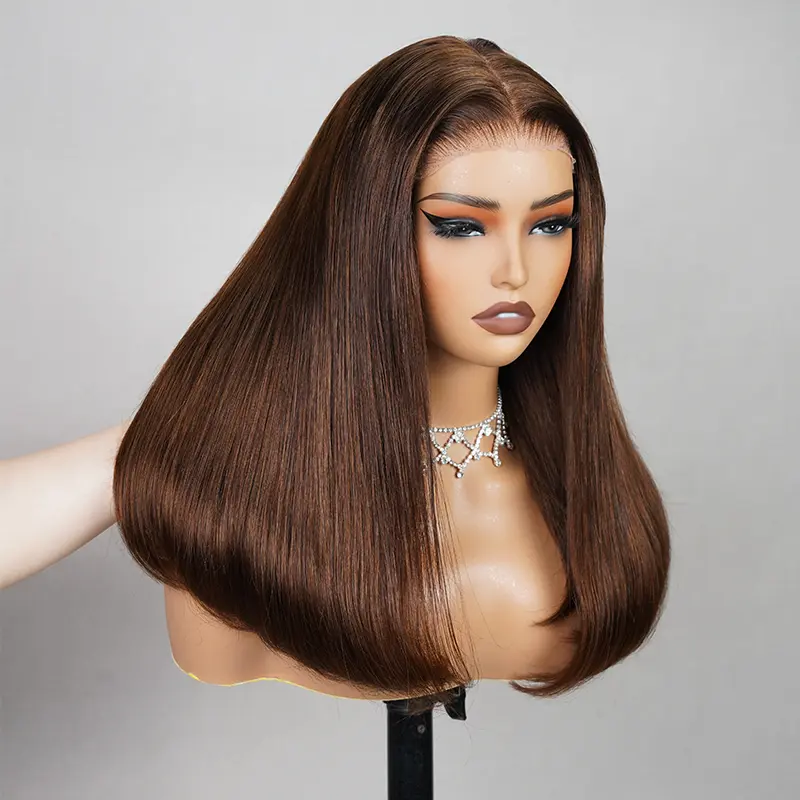 Megalook 6x5 Invisible Knots Glueless Chocolate Brown Straight Bob Wig - 100% Human Hair Lace Closure Wig with Realistic Hairline, Beginner Friendly, Bob Glueless Human Hair Lace Closure Wigs