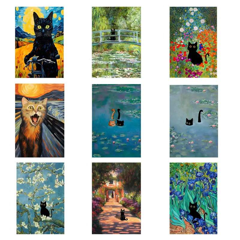 Framed Black & Orange Cat Print Monet Waterlily Poster - Vibrant Cartoon Design, Artistic Artwork, Whimsical Home Decor, Indoor Decoration, Vivid Color Retention, Multi-Size (20x30in/50x75cm,24x36in), Valentine's Day Kid Room Home Decor Supplies